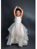 Spaghetti Straps Ivory Lace Organza Ruffled Flower Girl Dress